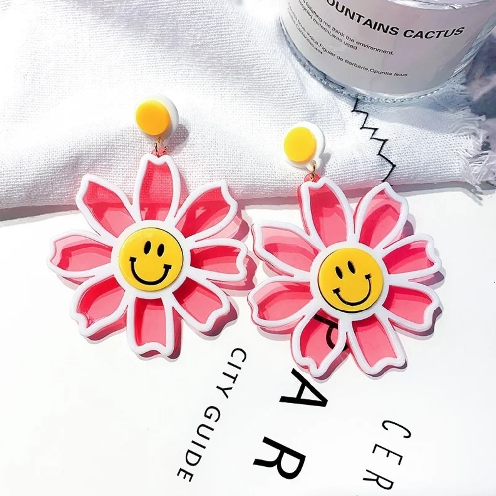 Pink Clear smiley face acrylic flower earrings
